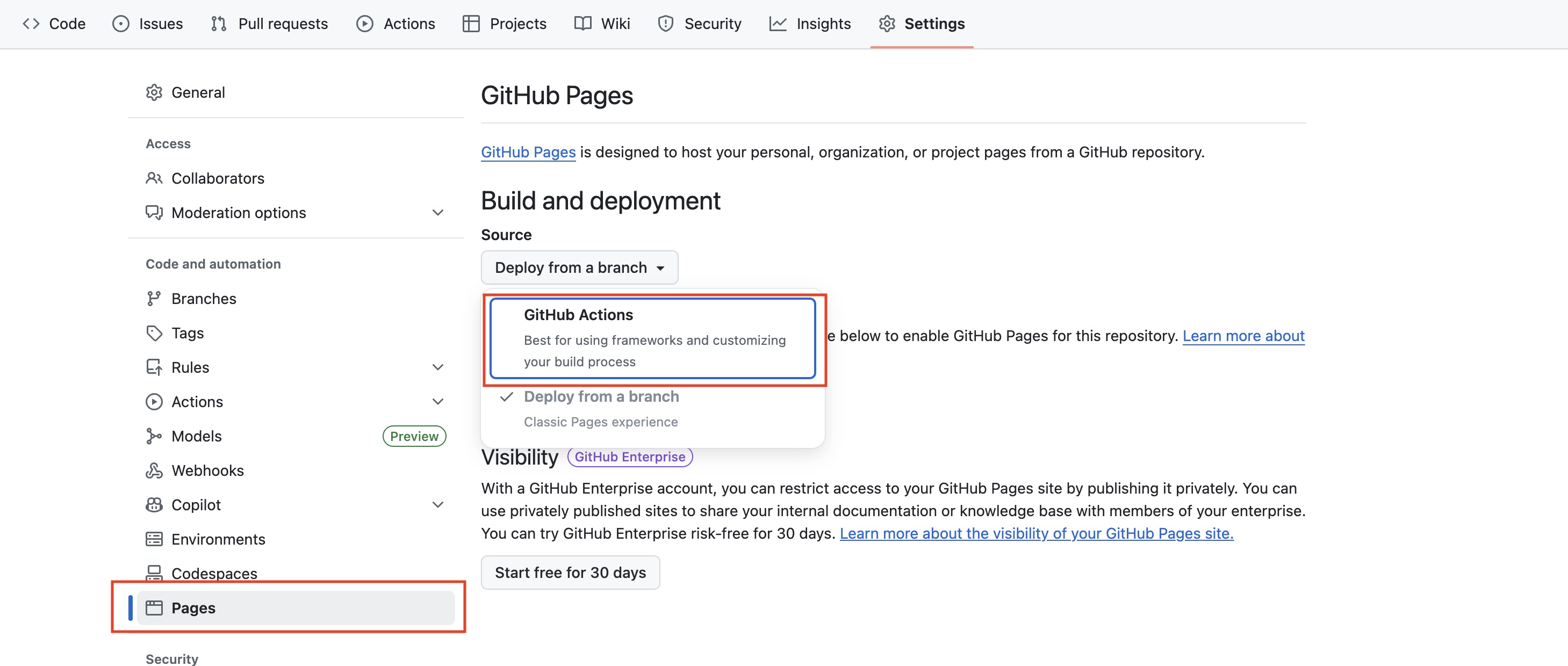A GitHub repository Settings page. Pages is highlighted in the left sidebar. In the Build and deployment section, the Source dropdown is open with GitHub Actions highlighted above the currently selected Deploy from a branch.