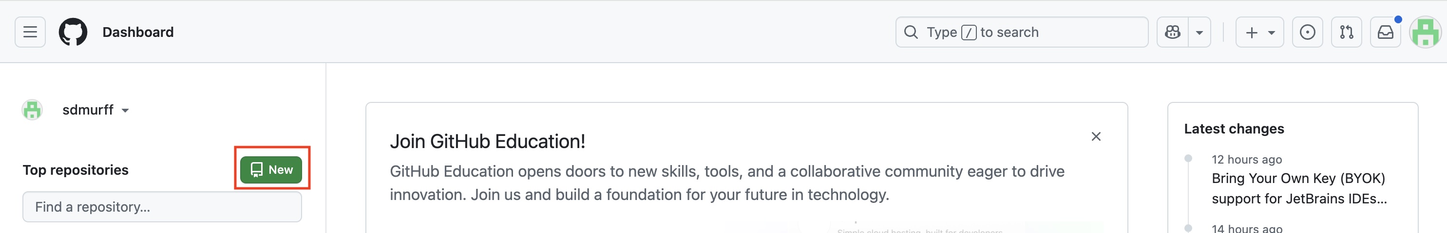 The top of a GitHub dashboard. In the left sidebar under Top repositories, a green New button is outlined in red.